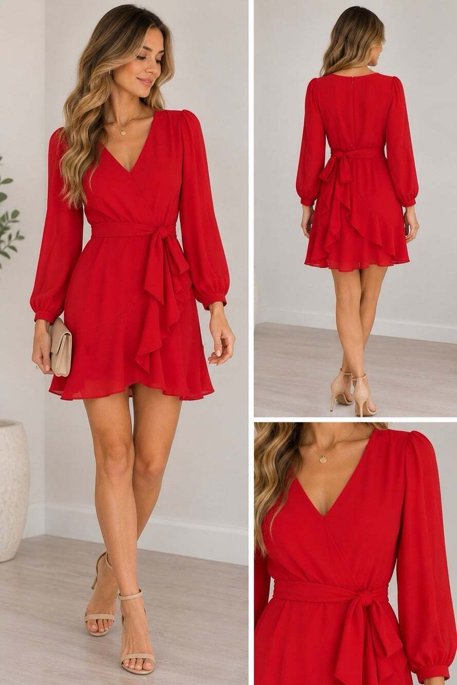 NWT LOFT Red Ruffle Tie Waist Long Sleeve Mini Dress Size 8